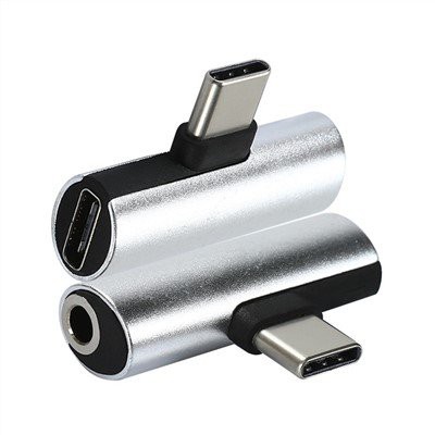 Sidabrinės spalvos T formos USB C prie garso ir įkroviklio adapteris